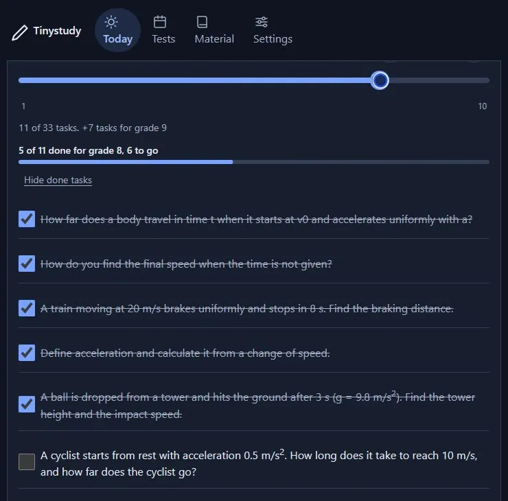 The Today screen of Tinystudy: a grade slider set to 8 on a scale of 1 to 10, and a task list with five tasks ticked off.
